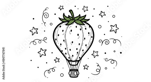 A whimsical illustration of a strawberry-shaped hot air balloon floating among stars and swirls