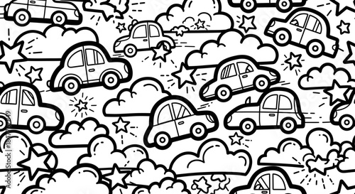 Pattern of playful cars racing through fluffy clouds with stars in a whimsical background