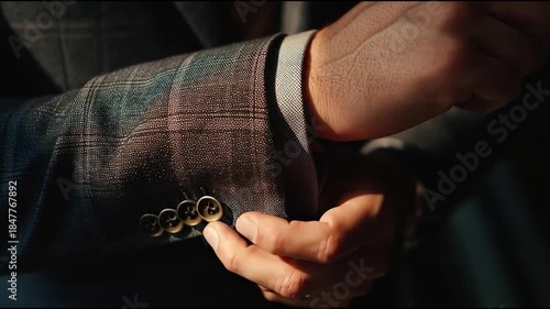 Close-up of a mans hand and suit sleeve in a dimly lit setting, showcasing elegant attire and subtle details.