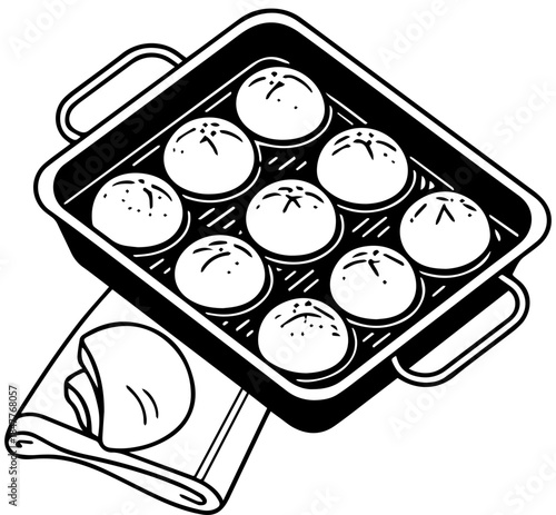 Tray of Buns or Dumplings – Black and White Baking Vector