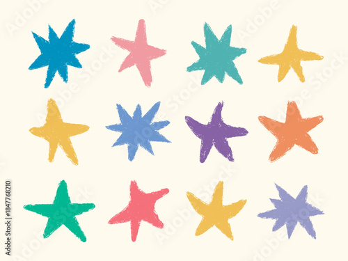Colorful fun comic star set. Cute child drawings. Chalk crayon pencil texture stars silhouette. Retro shapes for baby design. Playful starburst design elements