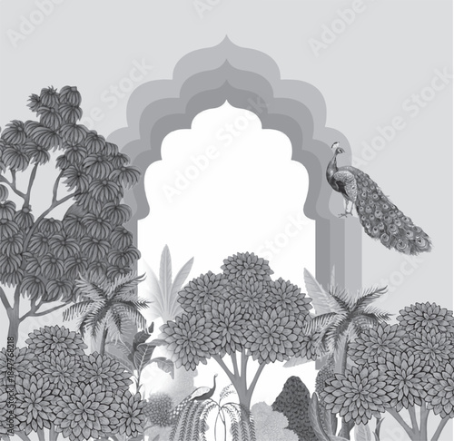 Black and white mughal mural plant wallpaper Rajasthan, Mughal hand drawn floral garden with arch and peacock illustration for invitation,