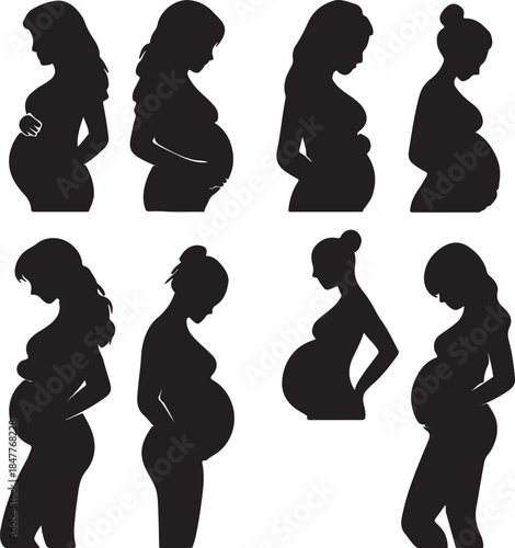 Pregnancy Silhouette Collection Featuring Diverse Poses, Profiles, and Gestures of Expectant Individuals