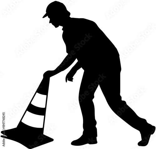 Silhouette of Person Placing Traffic Cone – Road Safety and Construction Vector