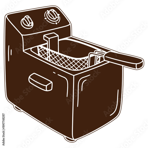 Illustration of a deep fryer with a basket and handle isolated on a transparent background