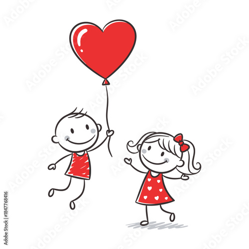 Happy Couple with Heart Balloon Illustration - Boy in Red Shirt and Girl in Red Heart Dress Symbolizing Love and Friendship