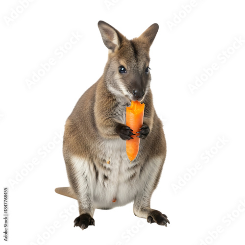 Wallaby eating a carrot on a black background marsupial