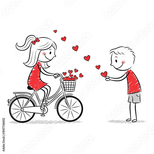Romantic Illustration of Cute Couple with Bicycle and Hearts - Young Love with Floating Hearts, Perfect for Valentine s Day or Anniversary Cards
