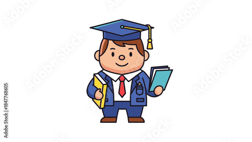 Happy Cartoon Boy Graduate Holding Books, Celebrating Academic Achievement on Isolated White Background