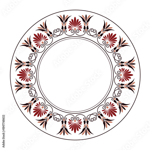 Round frame plate with arabesques and floral elements. Patterns of Greece, ancient Rome. Greek key meander. Circle european border. Antique border Greek. Typical egyptian, assyrian, greek motives