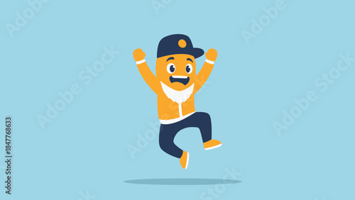 Energetic cartoon boy wearing a cap and jacket jumping happily with arms raised, celebrating success in a bright blue studio background.