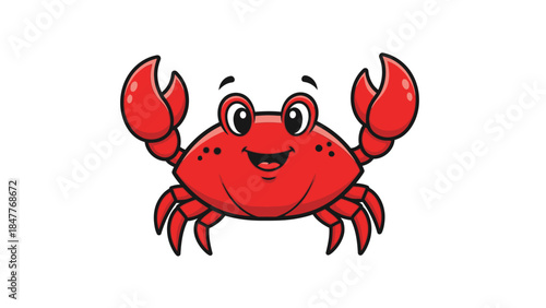 Happy cartoon crab smiling with red shell and big claws standing cheerfully on an isolated white background.
