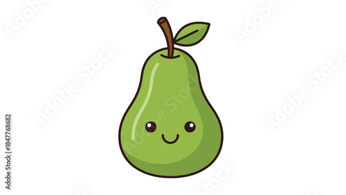Cute cartoon pear fruit with a happy smiling face on an isolated white background.