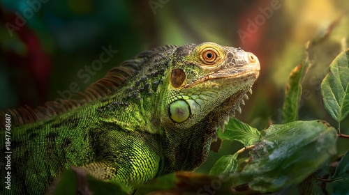 Wallpaper Mural Close up of a green iguana lizard in lush foliage with warm sunlight. Torontodigital.ca