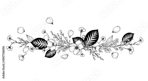 Elegant black and white floral border design with leaves, flowers, and scattered petals, isolated white background.