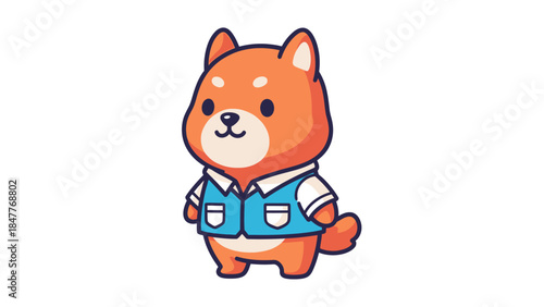 Cute cartoon Shiba Inu dog wearing a blue vest, standing happily, isolated white background.