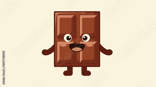 Happy cute cartoon chocolate bar standing and smiling cheerfully in a bright studio.