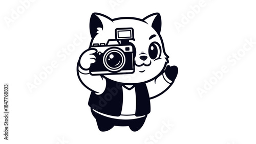 Cute black and white cat character holding a professional camera and taking a photo on an isolated white background.