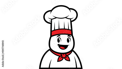 Happy and friendly chef character with a big smile wearing a traditional chef's hat and red bandana on an isolated white background.