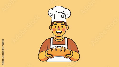 Cheerful male baker holding fresh-baked bread with a proud smile against an orange background.
