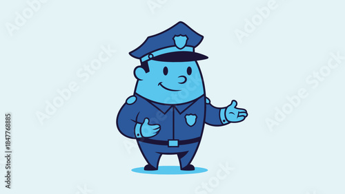 Friendly cartoon police officer standing and greeting with a warm smile in a bright studio.