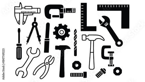 A collection of various tools is arranged on a white background.