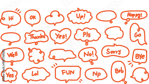 Orange Speech Bubbles with English Words on White Background