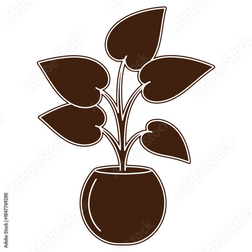 Simple line drawing of a potted plant with broad leaves isolated on a white background