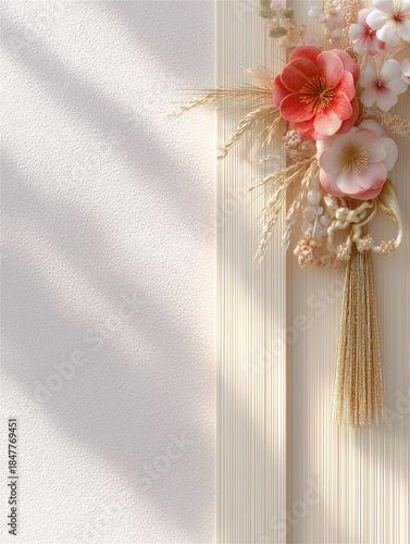 部屋の壁に飾られたお紅白の花のお正月飾り