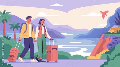 Couple traveling with luggage, enjoying a beautiful tropical vacation landscape.