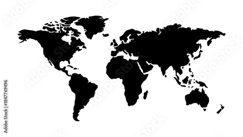 Minimalistic Black and White World Map Silhouette for Educational and Design Use