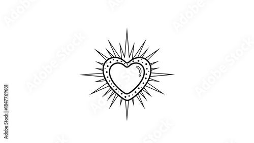 Minimalistic Heart with Radiant Sunburst Design in Black Lines for Artistic Expression
