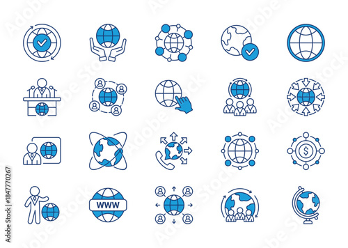 Worldwide thin blue icon set. Containing global, network, earth, sphere, conference, networking, internet, citizens