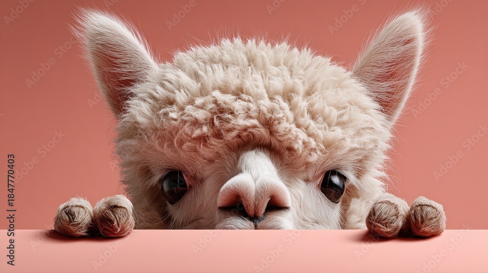 Obraz premium Curious Alpaca Peeking Over a Surface Against a Soft Pink Background