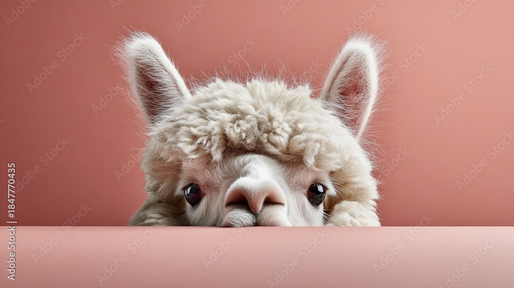 Obraz premium Cute alpaca peeking over a pink surface with fluffy fur texture