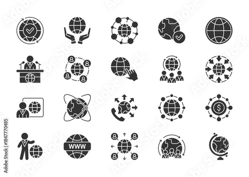 Worldwide thin glyph icon set. Containing global, network, earth, sphere, conference, networking, internet, citizens