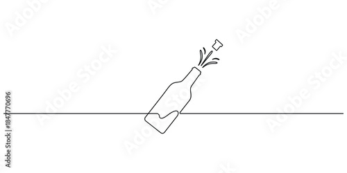 Minimalist, continuous line drawing of a champagne bottle popping