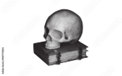 Halftone textured skull with books silhouette. Vintage surreal collage element. Gothic dot art sticker isolated on white background. 