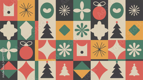 Retro Geometric Christmas Pattern with Festive Holiday Icons and Winter Motifs