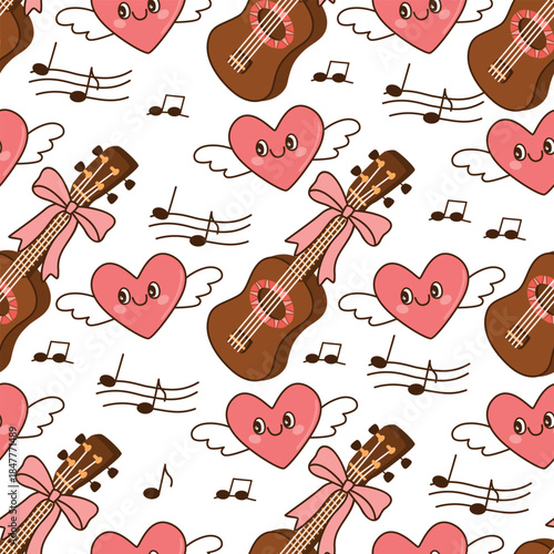 Love-themed seamless pattern with quitara decorated with a bow, winged cartoon hearts and musical signs. Valentine's Day vector print on fabric and paper. Pink, brown and black colors on a white.