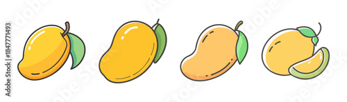 A vibrant collection of delicious mango fruits and a sweet slice in cartoon style illustration