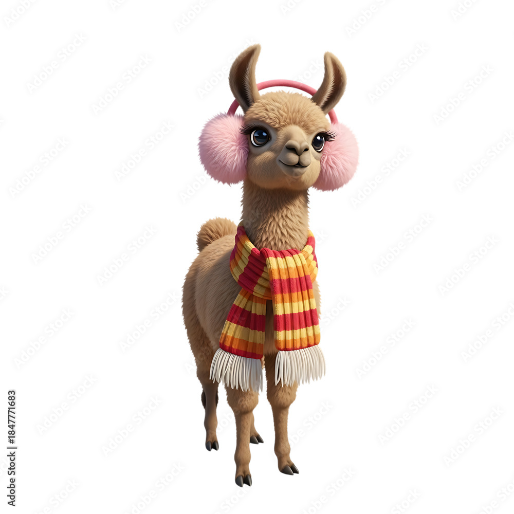 Naklejka premium Cute llama wearing pink earmuffs and striped scarf