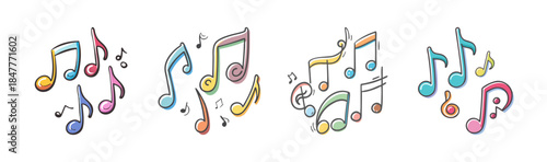 Collection of vibrant, hand-drawn music notes scattered artistically across a white canvas