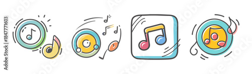 Playful doodle style music icons and symbols for sound, melody, and rhythm