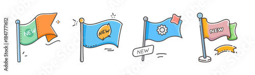 A collection of colorful doodle flags indicating various status and new updates