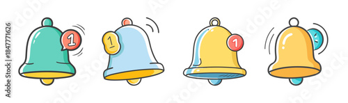 Cartoon notification bell icons set showing alerts and new messages in vibrant colors