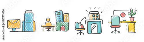 Illustrative doodle icons representing modern workplace, data, and digital services