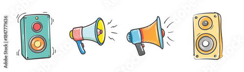 Hand drawn set of audio devices including speakers and megaphones broadcasting sound