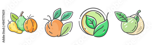 Hand-drawn collection of fresh fruit and organic leaf icons illustrating a healthy lifestyle