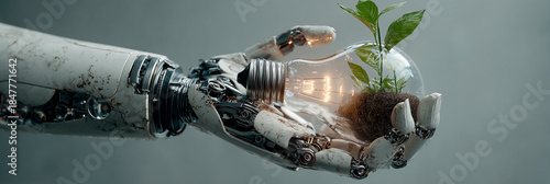 Ai robot hand holding light bulb with plant inside innovation technology future green energy concept
